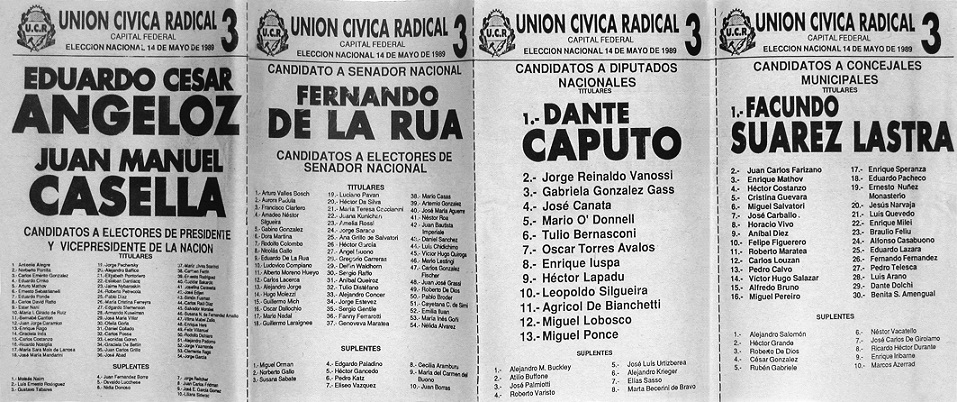 Boleta electoral de la Unión Cívica Radical 1989.