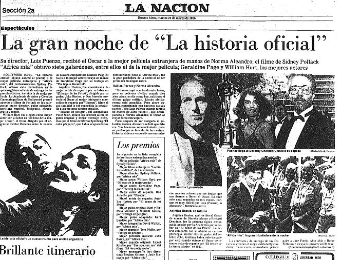 Premio a la película «La historia oficial», 1986.