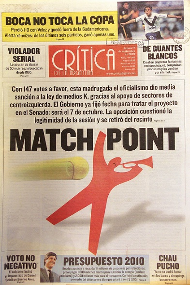 Tapa de Crítica acerca la Ley de Medios, 2009.