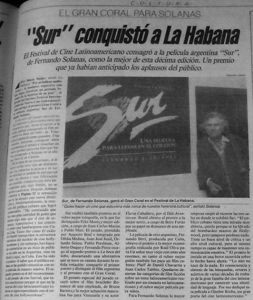 Película Sur premiada en el Festival de Cine Latinoamericano de La Habana. 