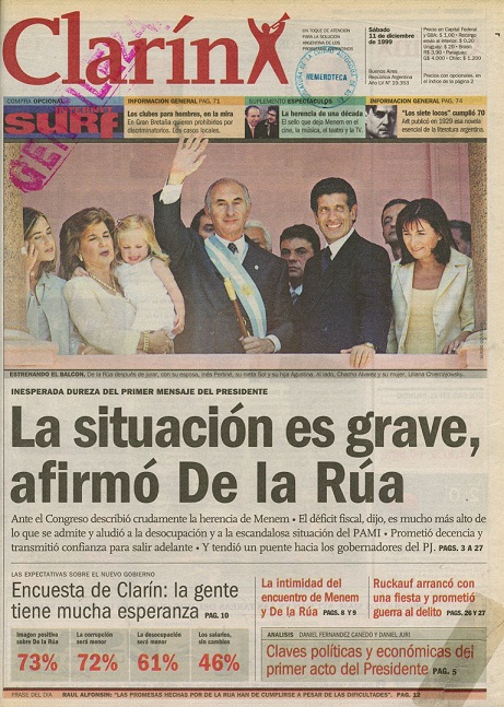 Tapa de Clarín, 11/12/1999.