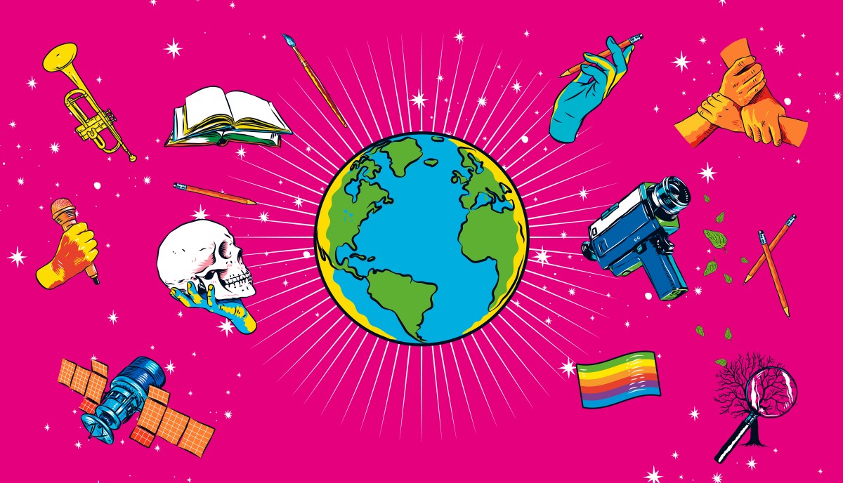 Banner del Desafío Clave 13/17 Global y en Casa que tiene al planeta Tierra en el centro y, alrededor, un satélite artificial, una mano con una calavera, una trompeta, una mano con un micrófono, un par de libros, una mano que sostiene un lápiz, tres manos que se toman por la muñeca, una filmadora, una bandera arcoíris y un árbol con una lupa delante.