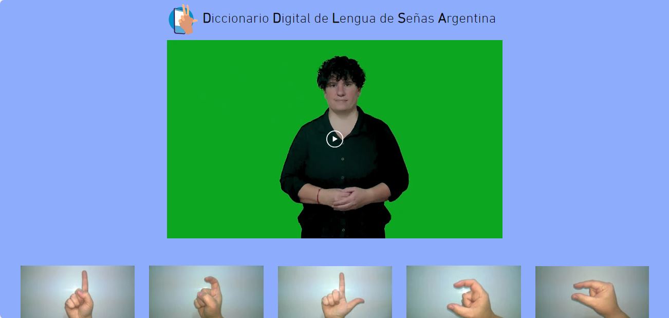 Página de inicio del Diccionario digital de lengua de señas argentina. Arriba hay un video y, abajo, varias configuraciones manuales.