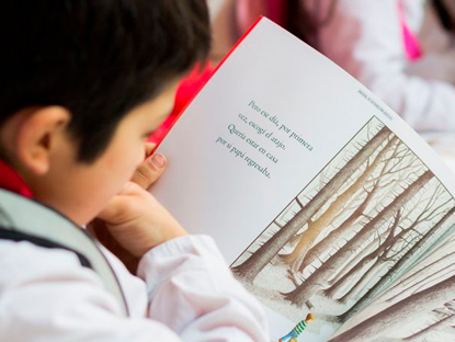 Niño de costado leyendo libro