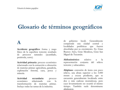 Primera página del Glosario de términos geográficos. Bajo el título, está la letra A y le siguen en dos columnas los términos que comienzan con esa letra.