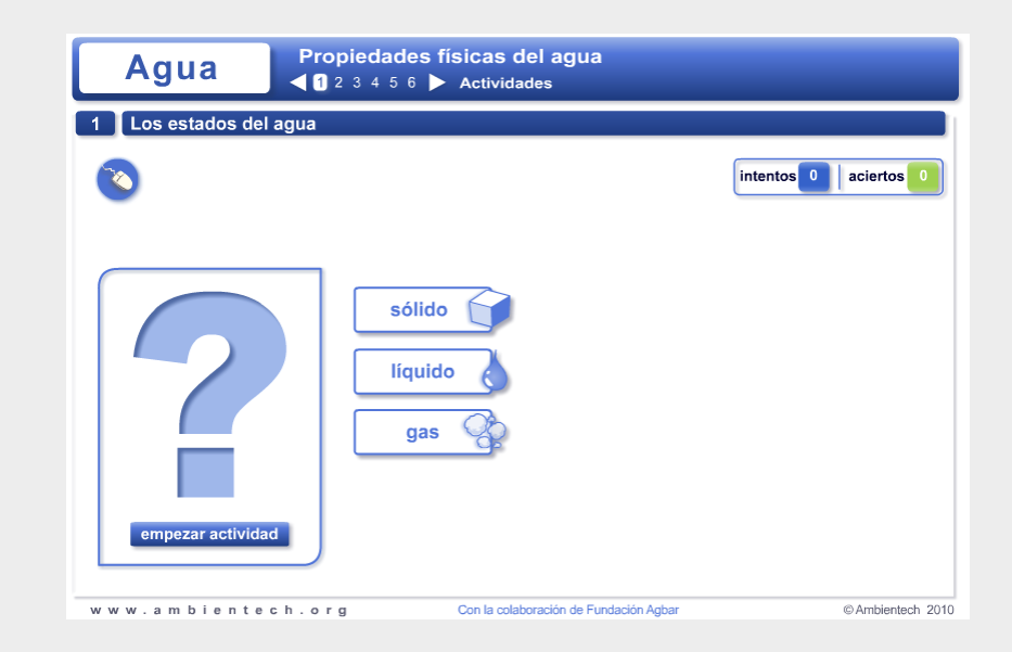 Captura de pantalla de un recurso educativo de Ambientech sobre las propiedades del agua.