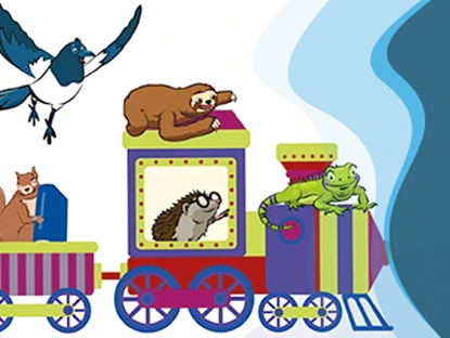 Tren con animales que representa el viaje de la alfabetización