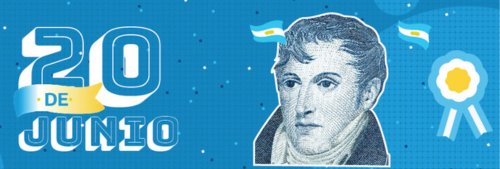 20 de junio. Belgrano rodeado de banderas y una escarapela.