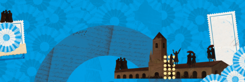 El Cabildo sobre un fondo celeste con escarapelas.