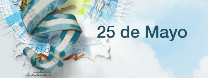 25 de Mayo. Una cinta patria de fondo.