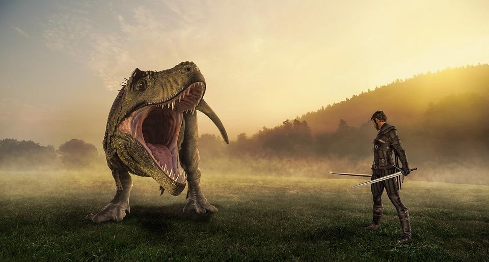 Lucha entre un dragón y un guerrero.