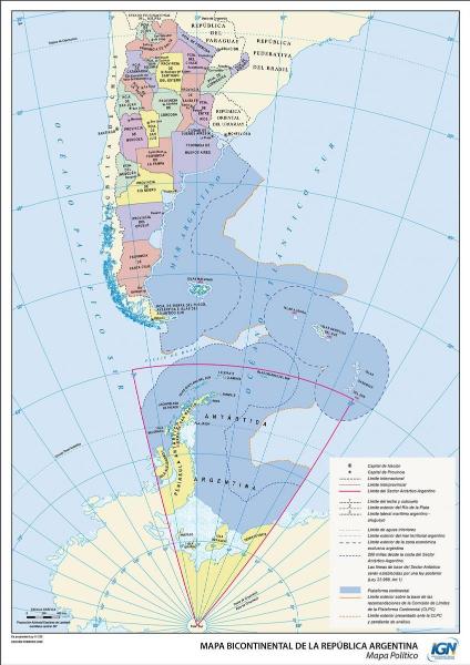Mapa bicontinental político de la República Argentina.