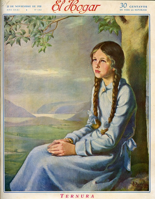 Tapa de la revista El Hogar 22 de Noviembre de 1935. En ella se ve a una niña rubia con dos trenzas y vestido celeste. Está sentada contra un árbol con las manos juntas sobre la falda.