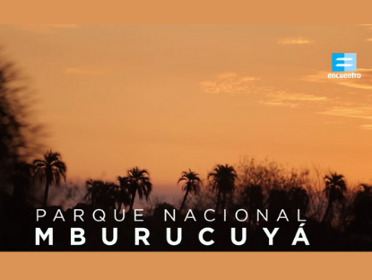 El título dice: «Parque Nacional Mburucuyá». Al fondo, se recortan los perfiles de unos palmares sobre un cielo anaranjado al atardecer.
