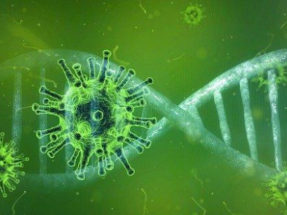 Varios virus flotando delante de la doble hélice del ADN, todo en tonos verdes.