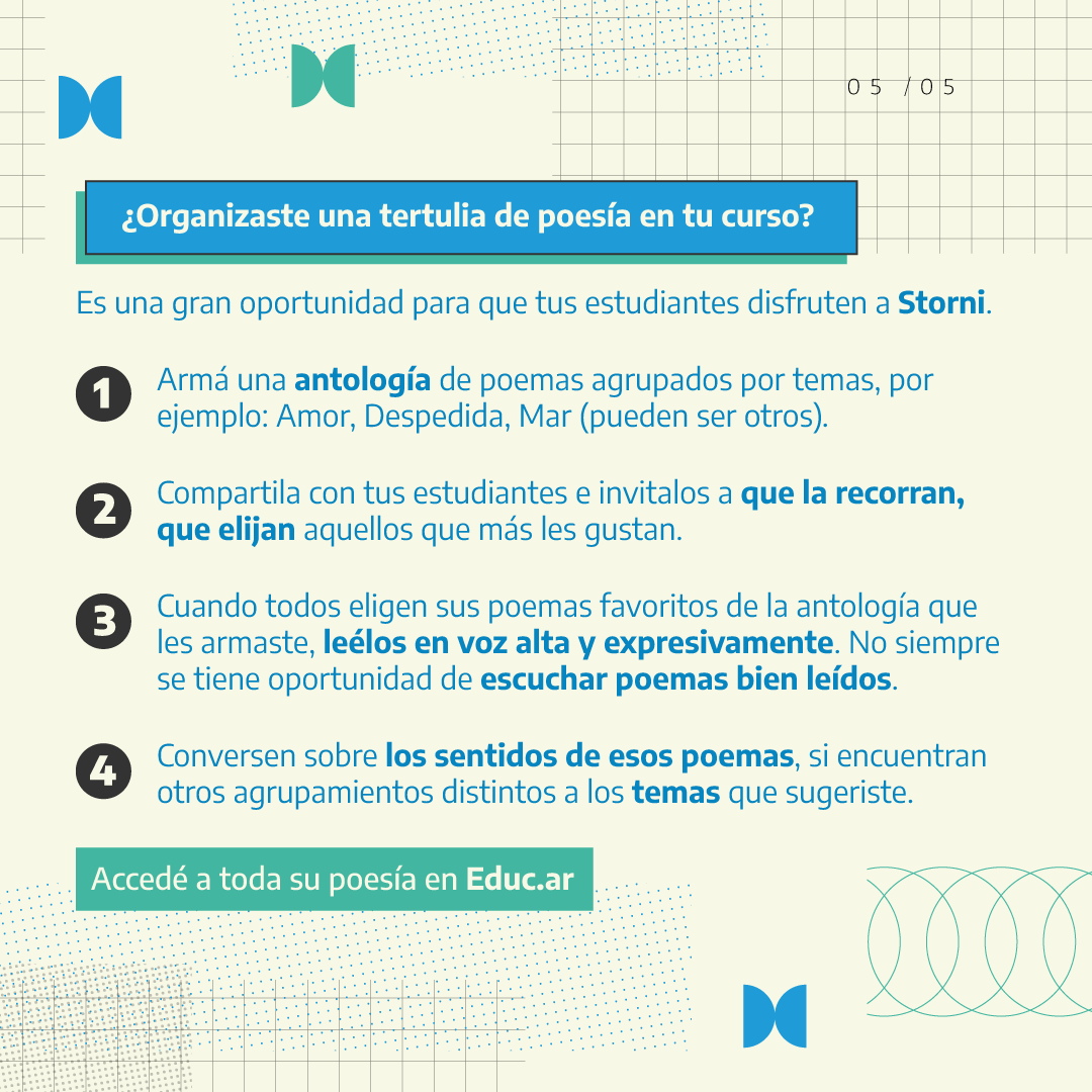 1. Armá una antología de poemas agrupados por temas. Por ejemplo: Amor, Despedida, Mar (pueden ser otros). 2. Compartila con tus estudiantes e inviitalos a que la recorran. Que elijan aquellos que más les gusten. 3. Cuando todos eligen sus poemas favoritos de la antología que les armaste, leélos en voz alta y expresivamente. No siempre se tiene la oportunidad de escuchar poemas bien leídos. 4. Conversen sobre los sentidos de esos poemas, busquen si encuentran otros agrupamientos distintos. 