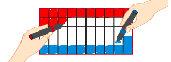 Grilla rectangular con cuadrados y dos manos tachando cuadrados de distintos colores.
