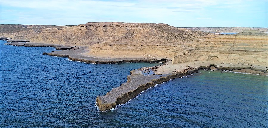 foto aérea de la lobería de Punta Pirámides