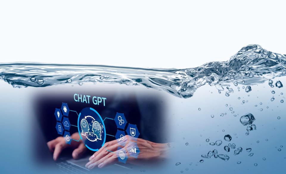 Collage digital de unas manos utilizando una computadora bajo el agua. Sobre las manos, hay un círculo con dos cabezas dialogando y se lee «Chat GPT».