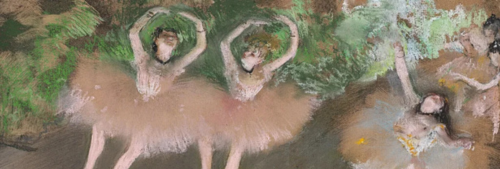Cuatro bailarinas levantan los brazos en un cuadro de Degas.