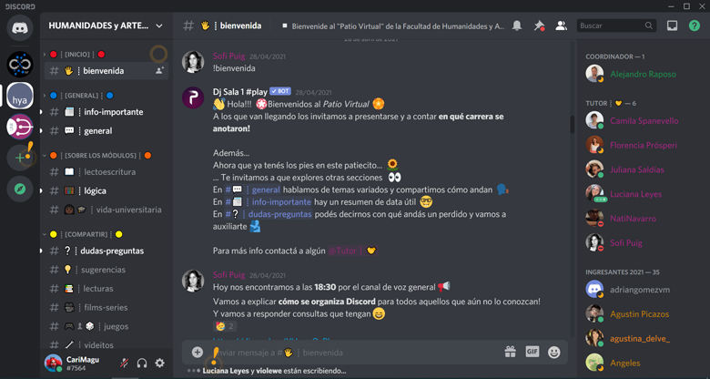 Captura de pantalla del Patio Virtual de la Facultad de Humanidades y Arte de la Universidad Nacional de Rosario en Discord. Descripción detallada al final de este artículo.