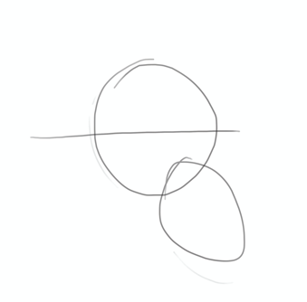 Una elipse grande dividida a la mitad por una línea horizontal. Debajo, a la derecha, se interseca con una elipse menor.