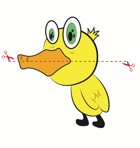 Dibujo de un pato con cuerpo amarillo, pico naranja y ojos verdes.