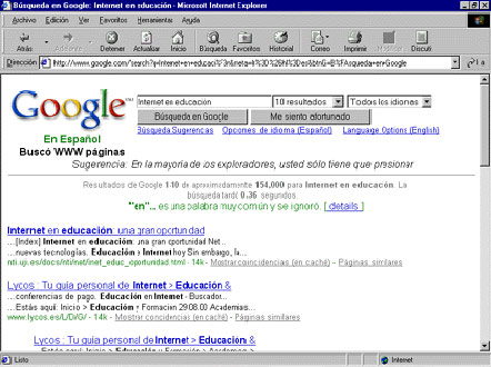 Ventana de Internet Explorer que muestra una búsqueda en Google y el listado de resultados.