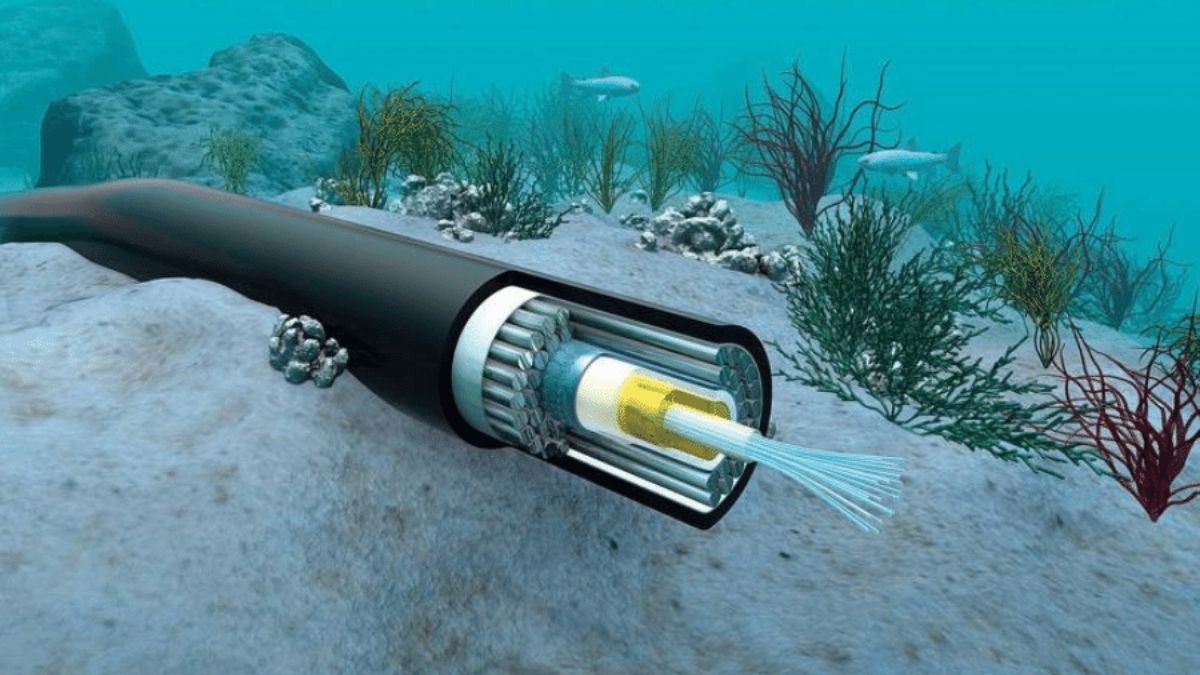 Un cable gigante sobre el fondo del mar. El extremo del cable, que está en primer plano, muestra su estructura interna.