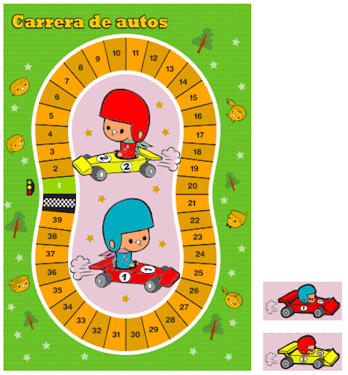 Tablero del juego con números del 1 al 39. Aparecen dos personajes ubicados en autos representando las fichas del juego.
