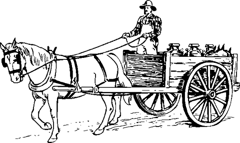 Un caballo tira de un carro lechero. En el carro, un hombre tiene las riendas, parado junto a varios tarros.
