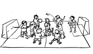 Ilustración de un grupo de chicos jugando en una cancha con dos arcos.