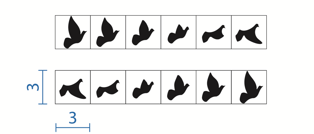 Secuencia de una paloma volando en 12 cuadros de 3x3cm.