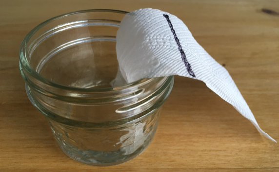  Un frasco de vidrio con 1 cm de agua, un rectángulo de papel de servilleta con un extremo sumergido en el agua y el resto por fuera.