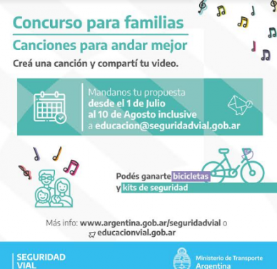 Flyer curso para familias. Canciones para andar mejor. Creá  una canción y compartí tu video. Mandanos tu propuesta desde el 1 de julio al 10 de agosto inclusive a educacion@seguridadvial.gob.ar. Podés ganarte bicicletas y kits de seguridad. Más info: www.argentina.gob.ar/seguridadvial o educacionvial.gob.ar