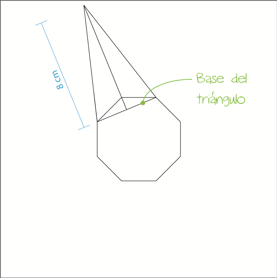 Trazado de un triángulo isósceles cuya base está dentro del octógono en la que coinciden sus extremos con dos vértices de él. A un lado figura la referencia de la altura de este triángulo (8 cm).