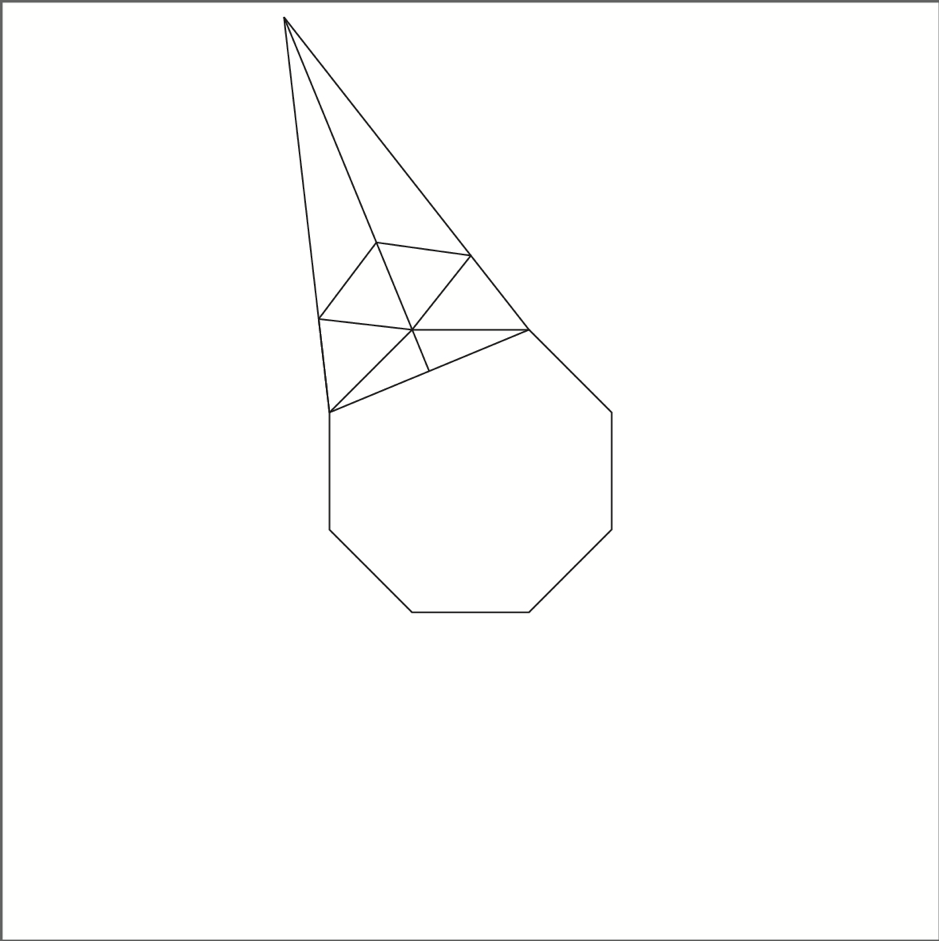 Agregado de dos rectas dentro del triángulo isósceles que conectan el extremo de las últimas realizadas con la intersección entre su altura y el vértice del octógono.