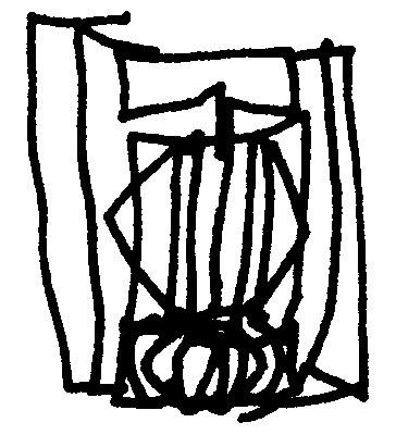 Dibujo minimalista en blanco y negro. Los trazos son más bien rectos. Hay una persona sentada tras una reja.