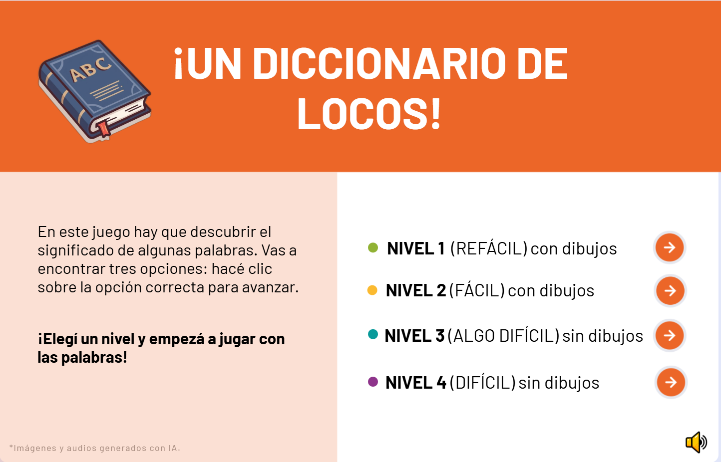 Pantalla de inicio del juego Un diccionario de locos.