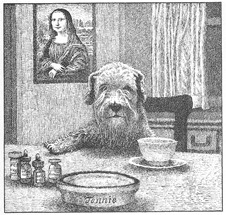 Ilustración de un perro sentado a la mesa en la que hay un plato de comida y una taza de té. En el fondo un cuadro de una mujer.