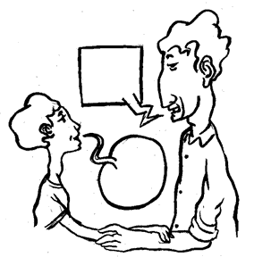Un hombre y un niño dialogan. De la boca de cada uno sale un globo de diálogo. El del niño es redondo; el del padre, cuadrado. No hay texto dentro de los globos. El niño tiene la mano apoyada en el brazo del hombre.