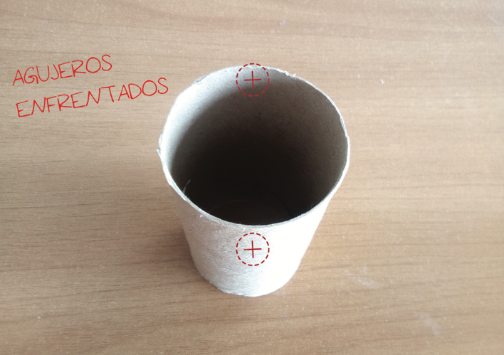 Imagen de un tubo de cartón chico con dos marcas para realizar los agujeros. Al lado, dice: «Agujeros enfrentados».