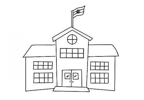 Ilustración de línea de una escuela con la bandera argentina flameando en su techo.