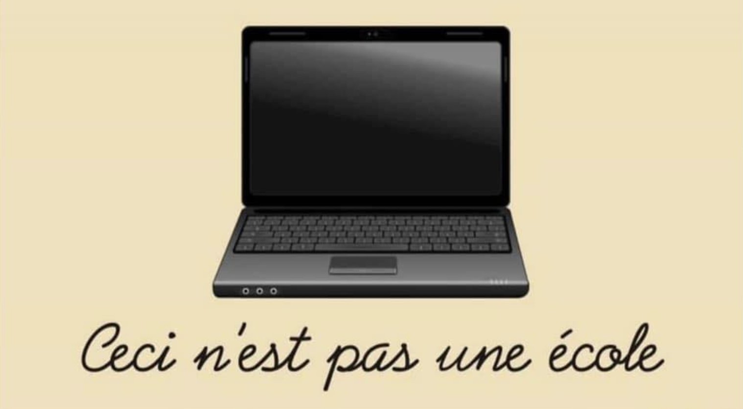 Una computadora portátil. Abajo dice en francés: «Esta no es una escuela» (Ceci n'est pas une ecole).