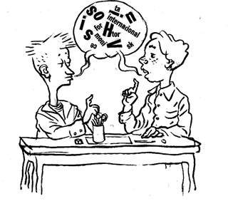Dos jóvenes conversando. Entre ellos, hay un globo de diálogo que tiene diferentes letras y palabras mezcladas.