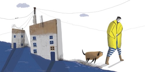 Orilla de un río. Entre la tierra y el agua, hay dos edificios. Un hombre con abrigo amarillo camina acompañado por un perro.