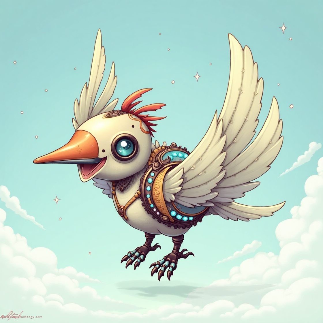 Un pájaro robot con las alas extendidas en pleno vuelo.