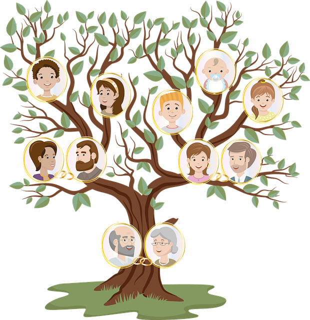 la imagen muestra un dibujo de un árbol y en sus ramas, caras de personas que pertenecen a una familia.