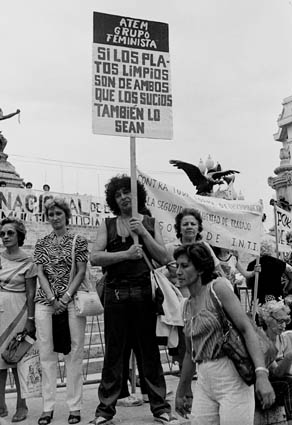 Fotografía en blanco y negro de un grupo de mujeres sosteniendo carteles. De fondo el edificio del Congreso de la Nación y más pancartas. En el centro, una mujer levanta un cartel con el texto: Si los platos limpios son de ambos, que los sucios también lo sean.
