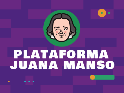 Sobre fondo violeta, un círculo verde con la cara de Juana Manso guiñando un ojo. Abajo dice: «Plataforma Juana Manso».